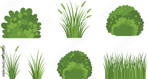 Plant and grass foliage icon collection with bush greenery landscape artwork, green vector template set