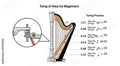 Educational infographic showing tuning process of harp for beginners with detailed diagram of tuning key and string notes on white background