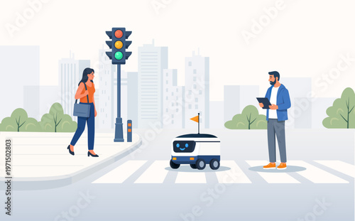 People use an autonomous food delivery robot for efficient package drop-off with a smartphone. Cute robot drives through streets of the city and avoids obstacles. Autonomous courier carrying a parcel