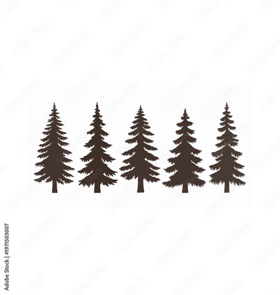 Obraz premium Hand drawn engraving pine and fir tree silhouettes vector forest set in brown isolated on white background