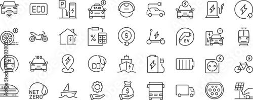 Electric vehicle or transport web 36 icons in line style editable stroke. Electric car, battery, charging station, solar panel, range, plug, collection. Editable stroke.