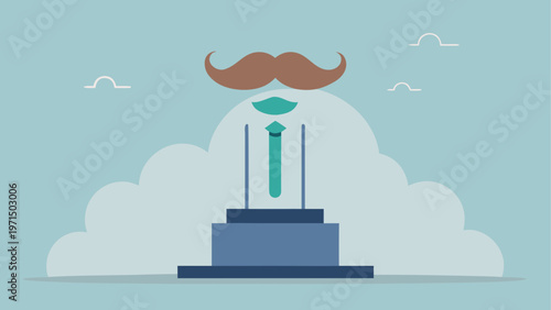 A cartoon trophy with a mustache and tie on a cloud