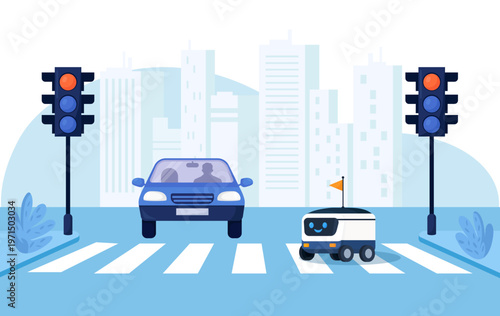 Future of delivery concept. Cute robot drives through the streets of the city and avoids obstacles. Food delivery robot, autonomous courier carrying a parcel, shipment and robotics.