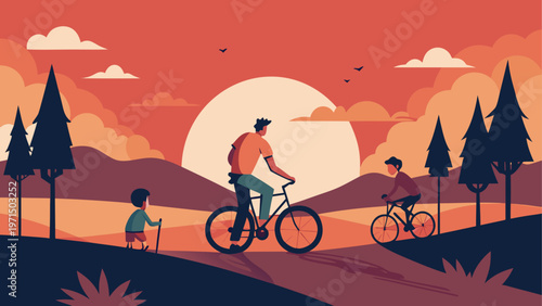Man and kids riding bicycles on a hill at sunset