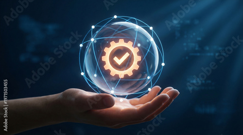 hand holding glowing digital sphere with gear and checkmark symbolizing automation quality assurance secure systems ai technology network connectivity and modern business process optimization