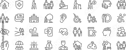 Elderly web 36 icons in line style editable stroke. Care, pension, senior, grandparents, wheelchair, doctor, alzheimer, caregiver, retirement, collection. Editable stroke.