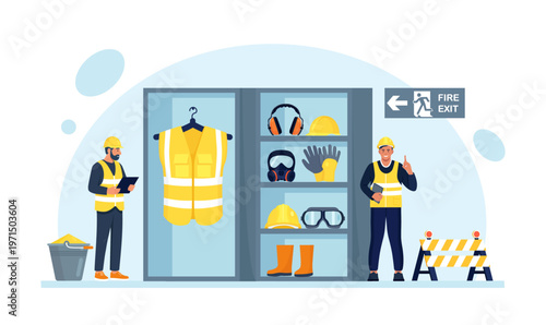 Proper PPE storage. Comprehensive set of essential personal protective equipment for construction workers. OSHA essentials set. Occupational safety regulations