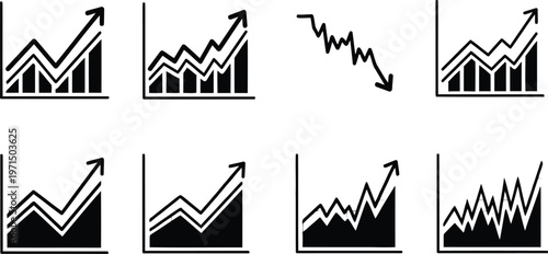 Eight distinct stock market trend patterns illustrated with line graphs Vector