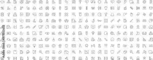 Big Set of Medical and Healthcare web icons in line style. Medicine, check up, doctor, dentistry, pharmacy, lab, scientific discovery, collection. Editable stroke.