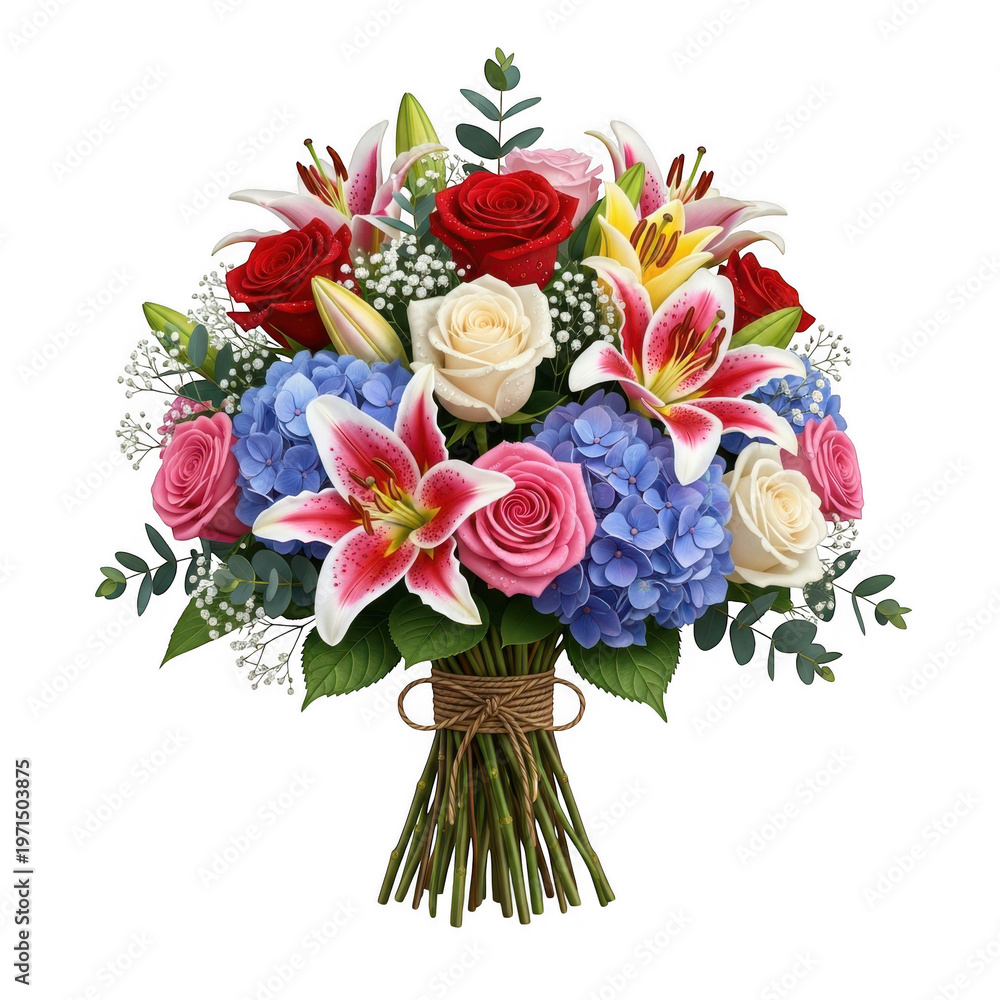 Fototapeta premium Colorful bouquet of roses, lilies, and hydrangeas isolated on transparent background