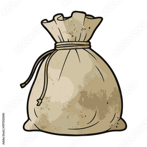 Cartoon illustration of a green sack tied with a drawstring on a white background.