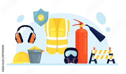 Comprehensive set of essential personal protective equipment for construction workers, including helmet, safety mask, reflective vest and others. OSHA essentials set. Occupational safety regulations
