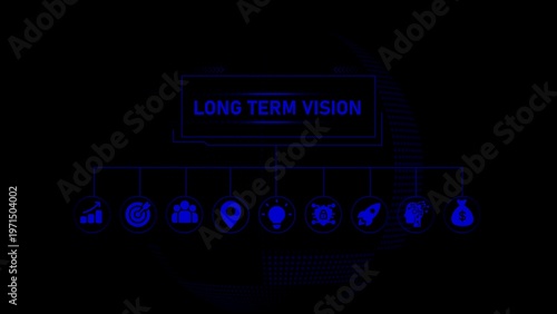 Blue silhouettes of business and technology under the text long term vision