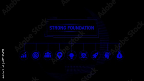 Blue neon strong foundation text with silhouettes of people and activity