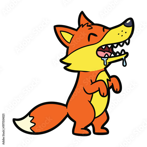 Hungry fox cartoon character standing on two legs with mouth wide open and drool dripping