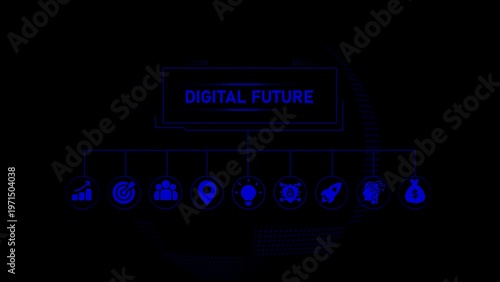 Blue digital future text with of technology devices and users
