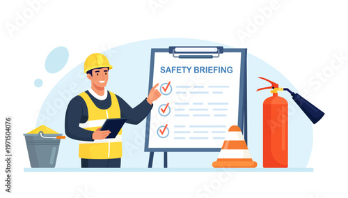 OSHA safety briefing, hazard awareness training. Industrial worker in safety vests attending a safety training briefing with a whiteboard. Occupational safety regulations and health inspection