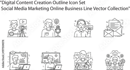 Digital content creation outline icon set social media marketing online business line vector collection