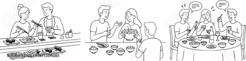 Hand-Drawn People Dining Out and Sharing Meals Illustration