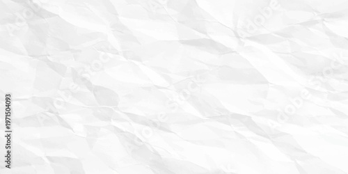 A blank sheet of white crumpled paper features a rough wrinkled texture and creased grunge pattern on an empty old surface for a vintage material backdrop design