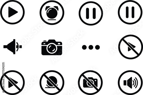 Icons depicting media controls and restrictions for audio and video functionalities Vector