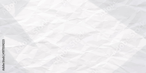A blank sheet of white crumpled paper with a rough wrinkled texture and creased pattern features a vintage grunge surface of damaged crushed material for an empty torn page design