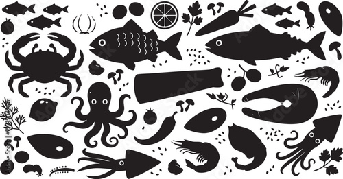 Adobe Illustrator Black silhouette Flat Seafood and Fresh Cooking Ingredients Collection