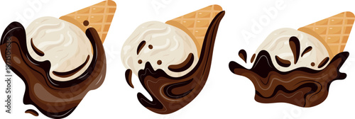 set of icons of vanilla ice cream scoops in waffle cones with melted chocolate flowing around the scoops in various shapes