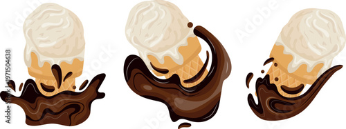 set of icons of vanilla ice cream scoops in rectangular waffle cups with melted chocolate, for thematic printing, menus, posters or social networks