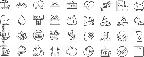 Lifestyle web 36 icon set in line style. Healthcare, healthy lifestyle, health, diet, healthy food, exercise, sleep, collection. Editable stroke.