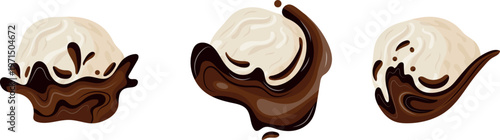 set of icons of vanilla ice cream scoops with melted chocolate flowing around the scoops in various shapes, for thematic printing, menus, posters or social networks