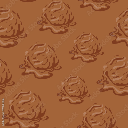 seamless pattern with chocolate ice cream balls on a brown background arranged randomly, for thematic printing, textiles or backgrounds for social networks