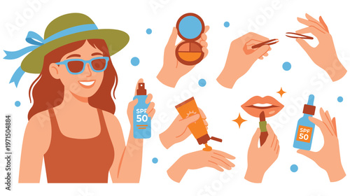 Summer skincare routine with woman and cosmetic application detailed hands.
