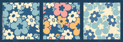 Seamless chamomile daisy floral pattern set in spring bloom colors. Decorative background collection perfect for fabric, wallpaper and surface design.