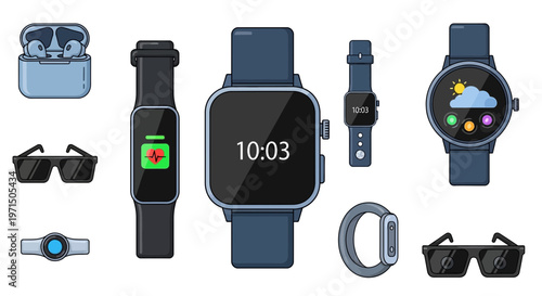 Smartwatch, fitness tracker, wearable devices, tech gadgets, accessories, vector icons