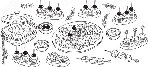 Line Art Appetizer and Tapas Illustration Set