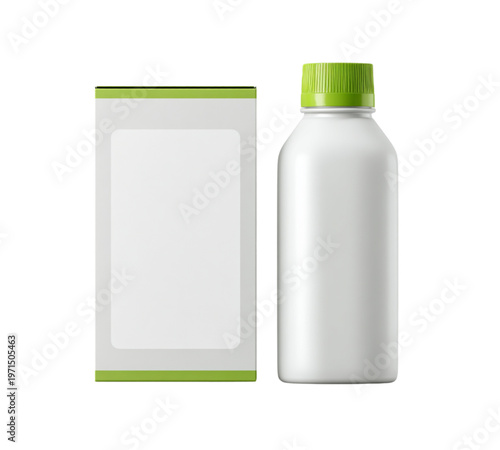 Blank milk bottle and carton packaging mockup with green cap