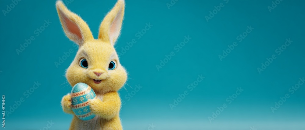 Obraz premium Easter joy: a yellow bunny sharing happiness and festive spirit. Drama poster. Yellow bunny holding easter egg: a card for joyful celebrations. Fantasy poster. Visual poster.
