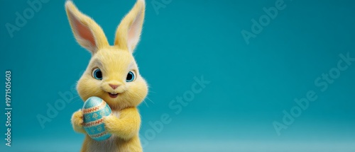 Easter joy: a yellow bunny sharing happiness and festive spirit. Drama poster. Yellow bunny holding easter egg: a card for joyful celebrations. Fantasy poster. Visual poster.