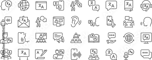 Language web 36 icon set in line style. Language translation, linguistics, speaking, dictionary, listening skills, writing, translate, collection. Editable stroke.