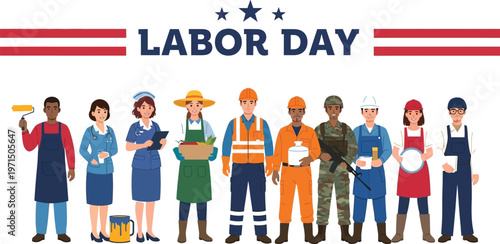 Diverse group of workers celebrating labor day with various professions illustrated