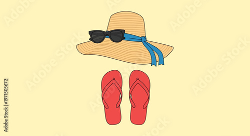 Summer accessories, beachwear icons, hat, sunglasses, flip flops, vector graphics
