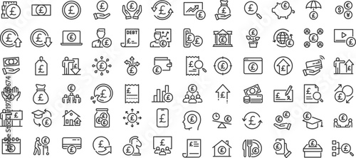 British Pound Sterling web big icon set. Payment, banknotes, exchange, price, cash, coins, bank, earning, money bag, finance, shop, income, piggy, invest, business, pack. Editable stroke.