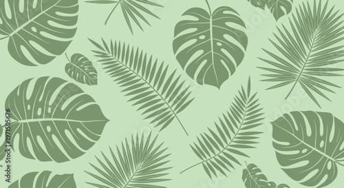 Tropical green palm leaves, monstera deliciosa, leafy foliage, botanical pattern, seamless background