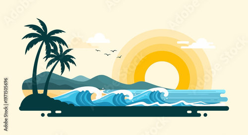 Tropical beach, sunny landscape, vector illustration, palm trees, ocean waves