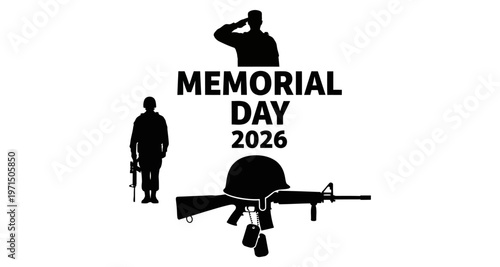 Soldier Saluting Memorial Day 2026 with Rifle and Dog Tags Silhouette Minimalist Style