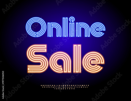 Vector Neon Advertisement Online Shop. Unique Glowing Font. Fashion Electric Alphabet Letters and Numbers set.