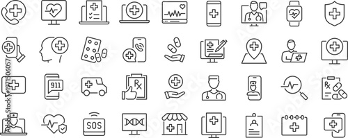 Digital Healthcare web 36 icon set in line style. Online consultation, medical app, results, doctor appointment, health, lifestyle, collection. Editable stroke.