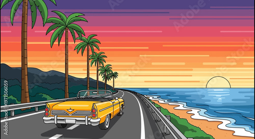 Retro, tropical road, sunset drive, vintage car, coastal highway