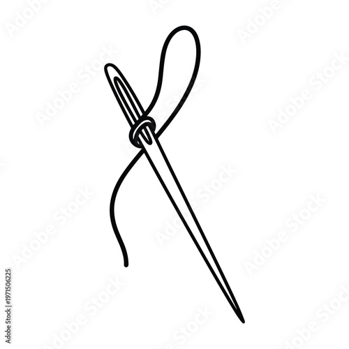Simple black and white line drawing of a sewing needle with a piece of thread through the eye.